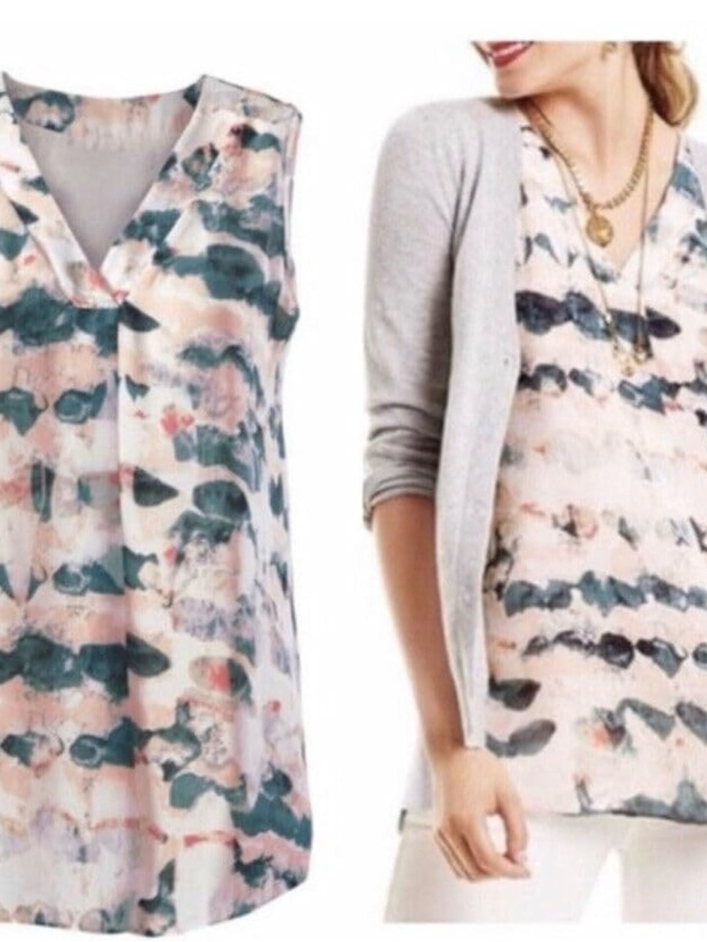 CAbi Watercolor “Gelato” V-Neck Sleeveless Top Blouse- Teal & Pink Small (#5035)